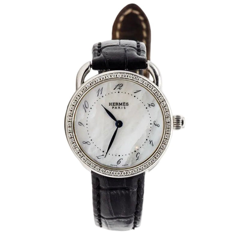 Montre HERMÈS "Arceau" en acier, nacre, diamants et cuir - Castafiore