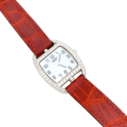 Montre Hermès, "Cape Cod Tonneau", en acier et diamants sur cuir. - Castafiore