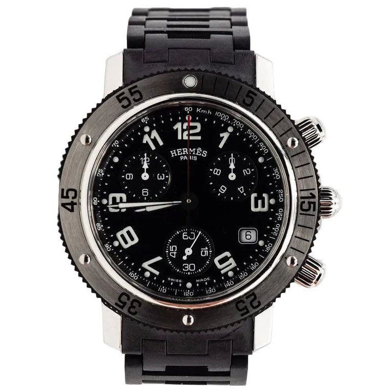 Montre HERMÈS "Clipper Chrono" en acier et caoutchouc - Castafiore