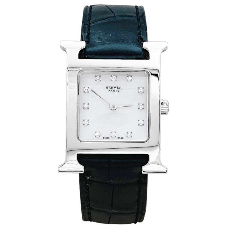 Montre HERMÈS "Heure H" en acier, nacre, cuir et diamants - Castafiore