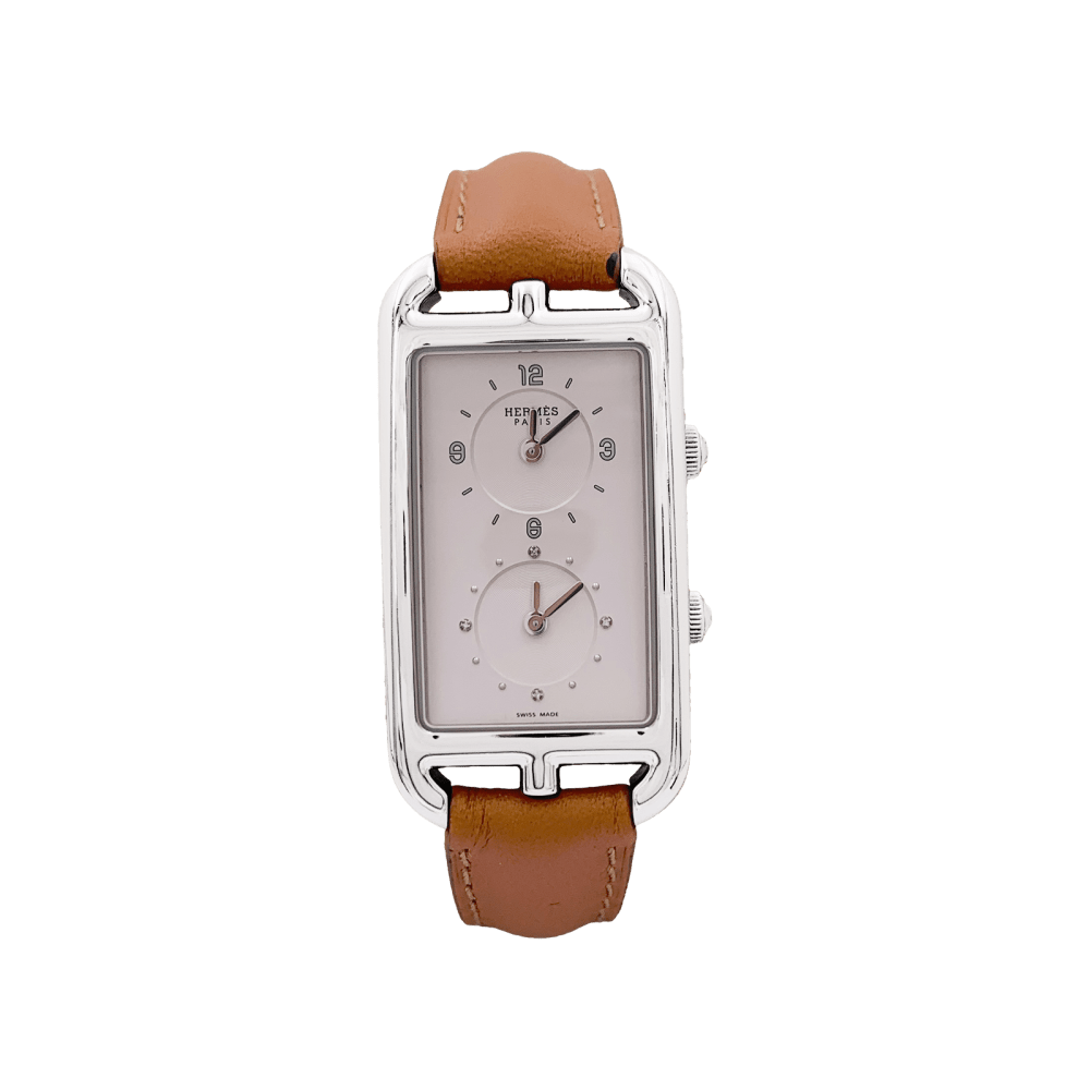 Montre HERMÈS "Nantucket Dual Time" en acier, argent, cuir et diamants - Castafiore