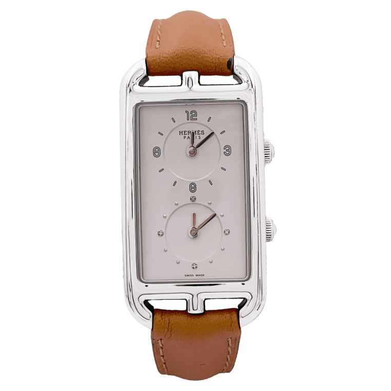 Montre HERMÈS "Nantucket Dual Time" en acier, argent, cuir et diamants - Castafiore