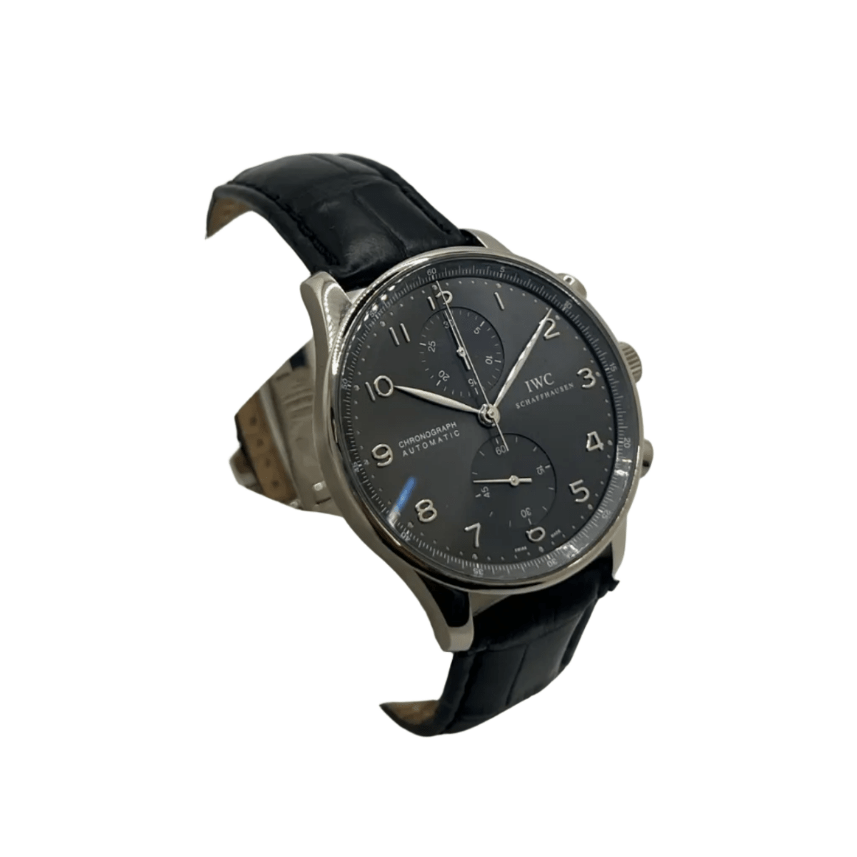 Montre IWC "Portuguese Chronograph" en or blanc, acier et cuir - Castafiore