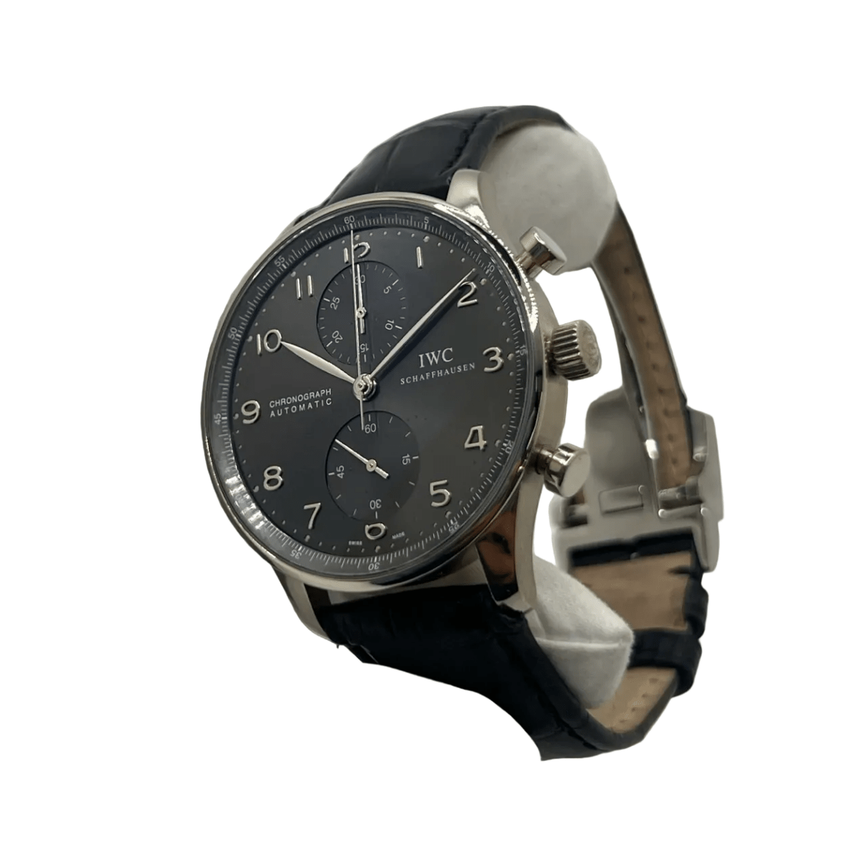 Montre IWC "Portuguese Chronograph" en or blanc, acier et cuir - Castafiore