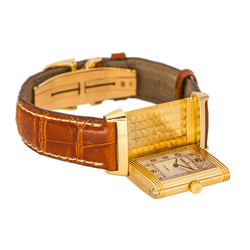 Montre JAEGER - LECOULTRE "Reverso Classique" en or jaune, argent et cuir - Castafiore