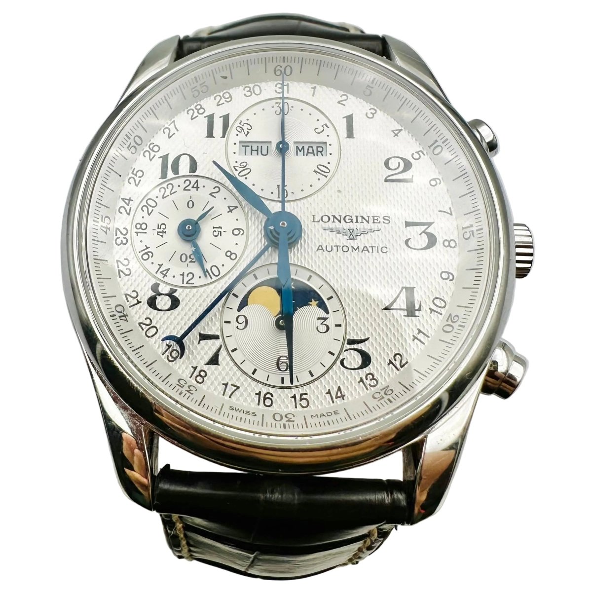 Montre LONGINES "Chrono Moonphase Master Collection" en acier et cuir - Castafiore