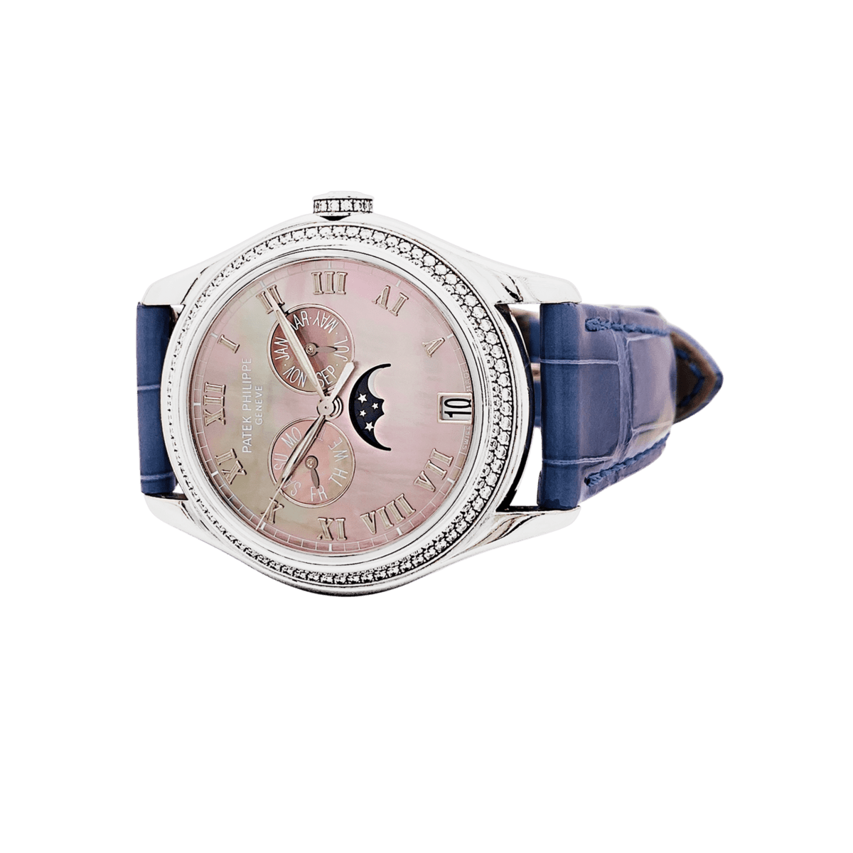 Montre PATEK PHILIPPE "Annual Calendar" en or blanc, cuir et diamants - Castafiore