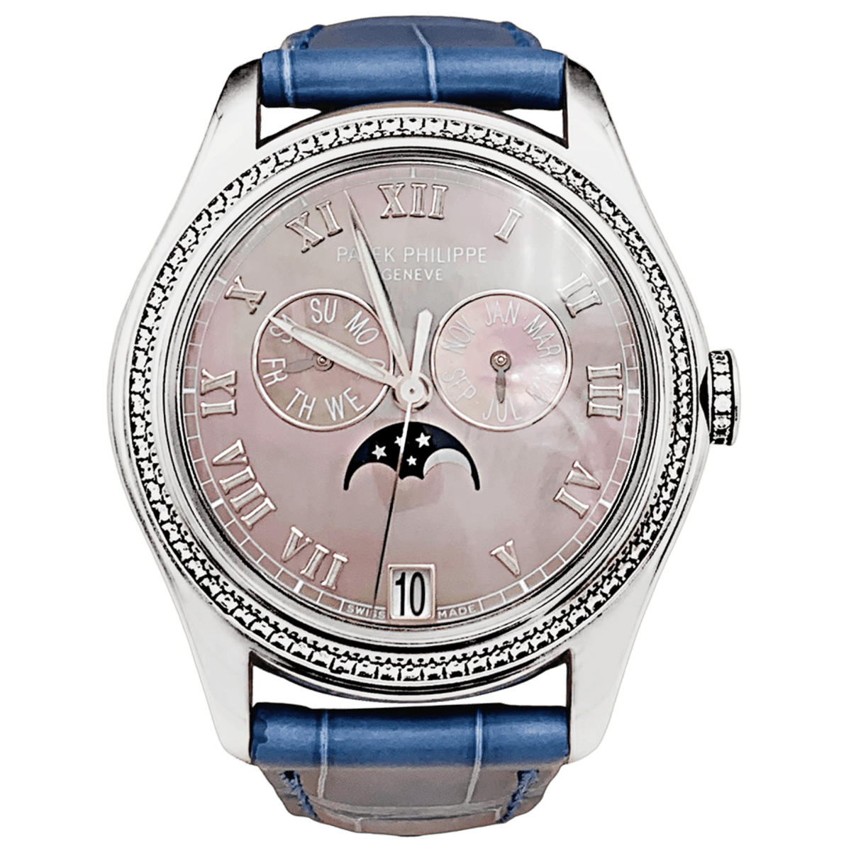 Montre PATEK PHILIPPE "Annual Calendar" en or blanc, cuir et diamants - Castafiore