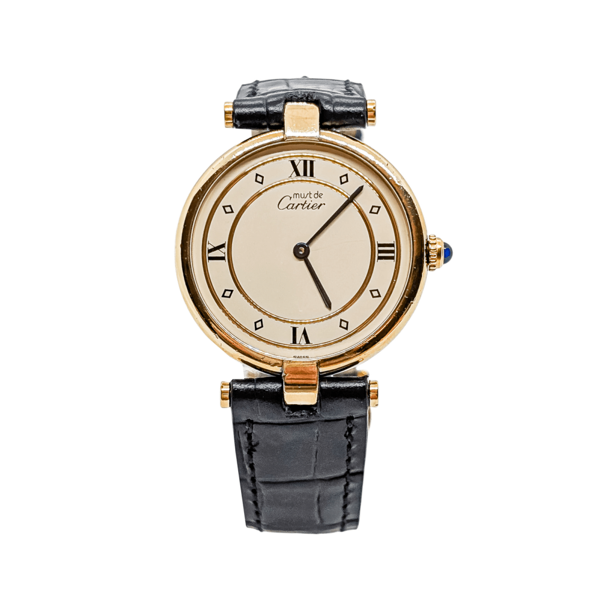 Montre Quartz CARTIER "Must Vendôme" en vermeil, cuir et saphir - Castafiore