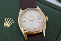 Montre ROLEX "Oyster Perpetual Date Ovettone" en or jaune et cuir - Castafiore