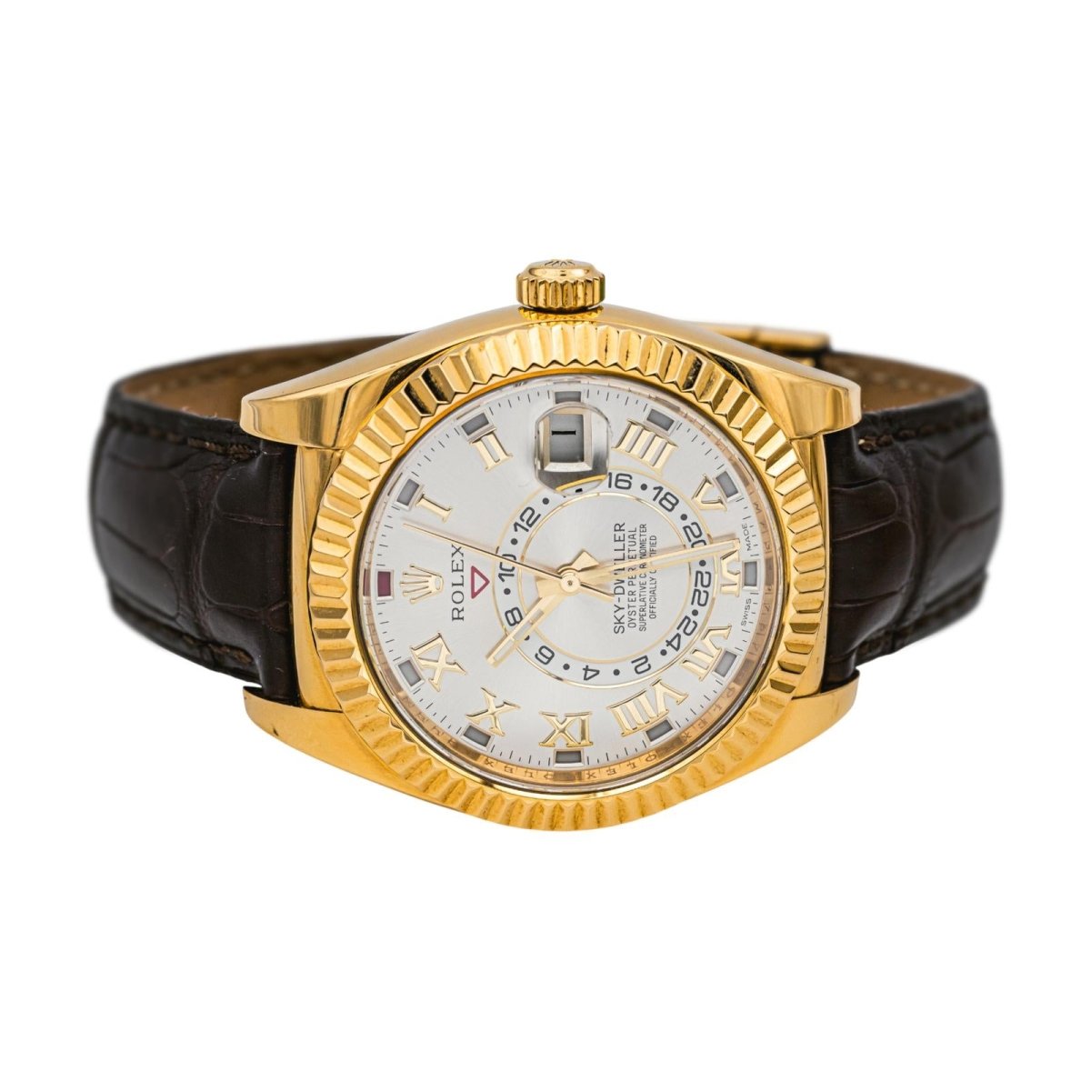 Montre ROLEX "Sky - Dweller" en or jaune, argent, cuir et saphir - Castafiore