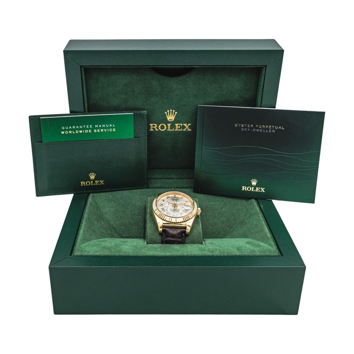 Montre ROLEX "Sky - Dweller" en or jaune, argent, cuir et saphir - Castafiore