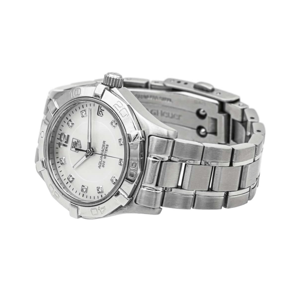 Montre TAG HEUER "Aquaracer" en acier, nacre, quartz, saphir et diamants - Castafiore