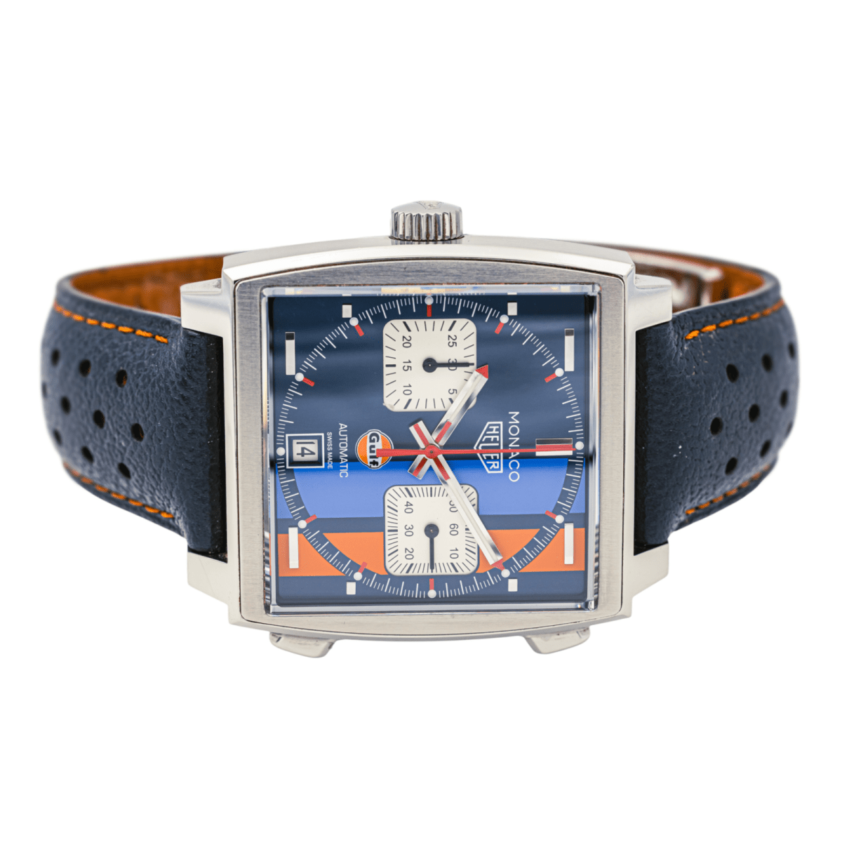Montre TAG HEUER "Monaco Gulf" en acier, saphir et cuir - Castafiore