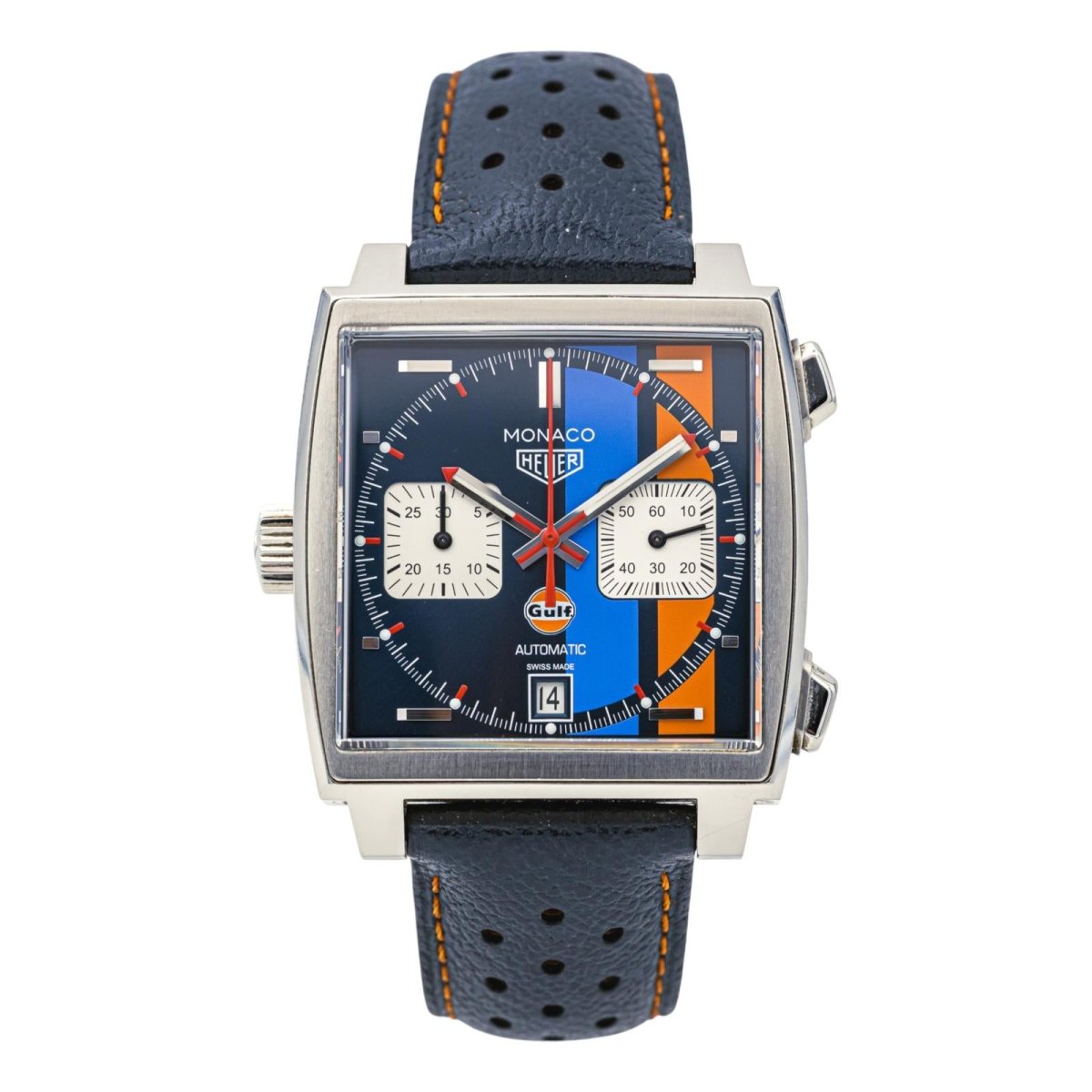 Montre TAG HEUER "Monaco Gulf" en acier, saphir et cuir - Castafiore