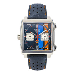 Montre TAG HEUER "Monaco Gulf" en acier, saphir et cuir - Castafiore