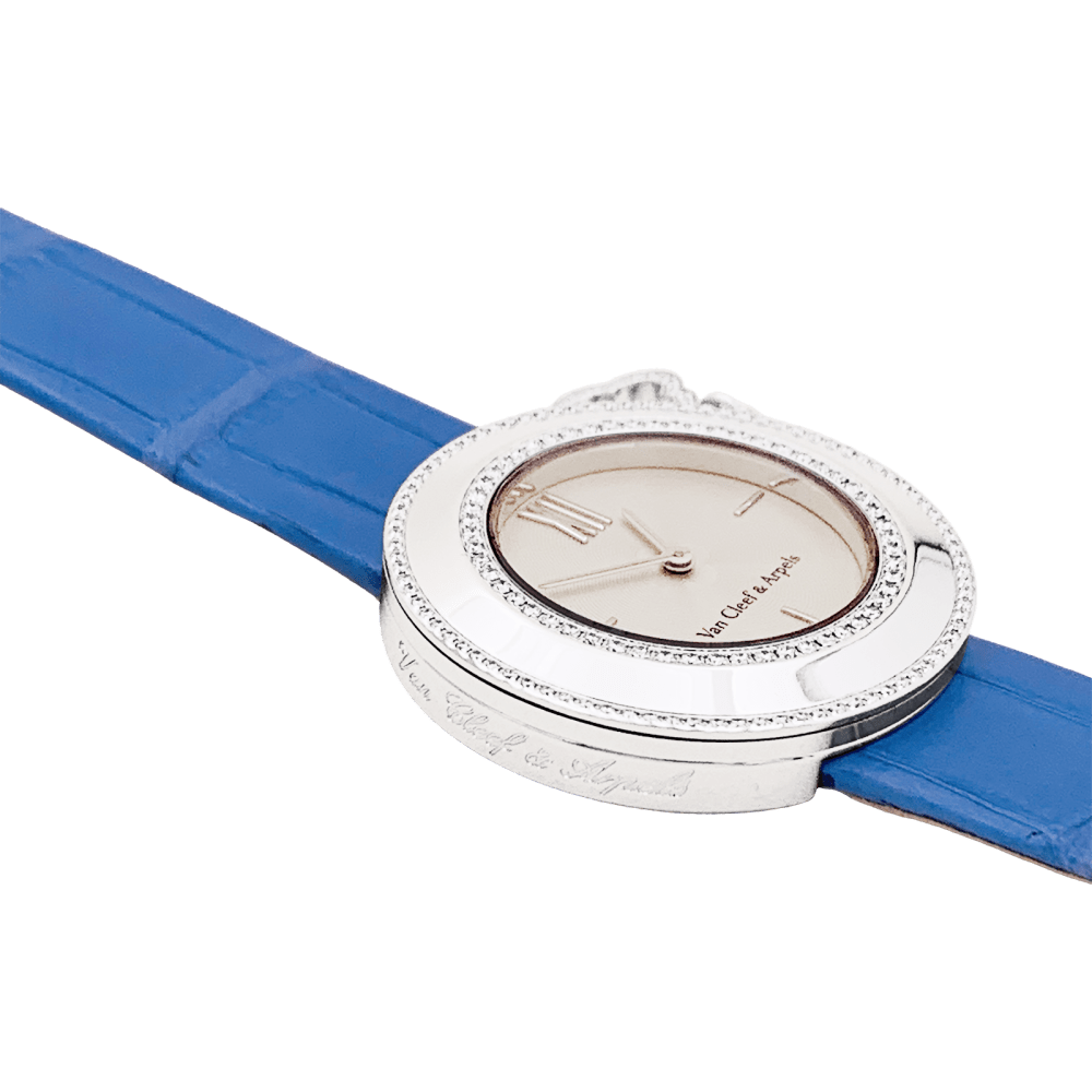 Montre VAN CLEEF & ARPELS "Charms" en or blanc, cuir et diamants - Castafiore