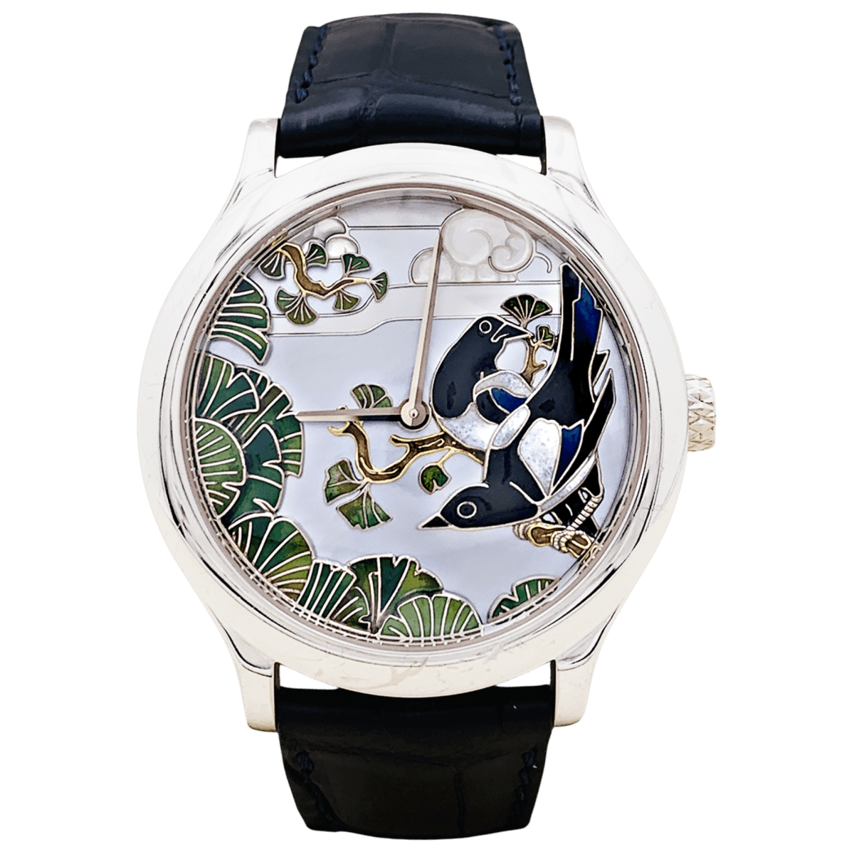 Montre VAN CLEEF & ARPELS "Midnight Palais de la Chance Pies Décor" en or blanc, nacre, émail et cuir - Castafiore