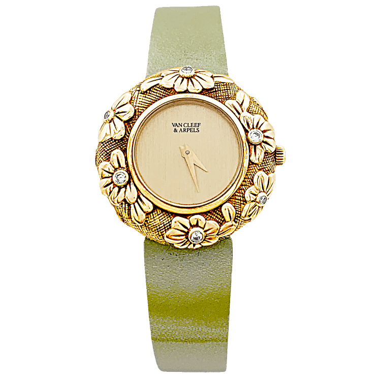 Montre VAN CLEEF & ARPELS "Tess" en or jaune, cuir et diamant - Castafiore