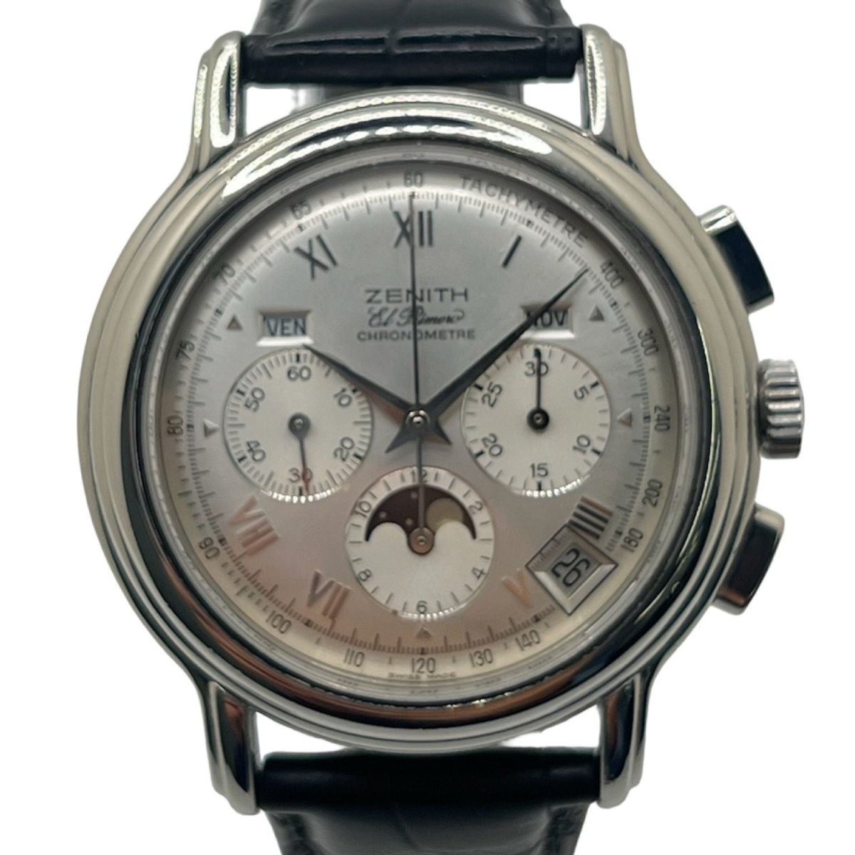 Montre ZENITH "El Primero Chronomaster" en acier, argent, cuir et saphir - Castafiore