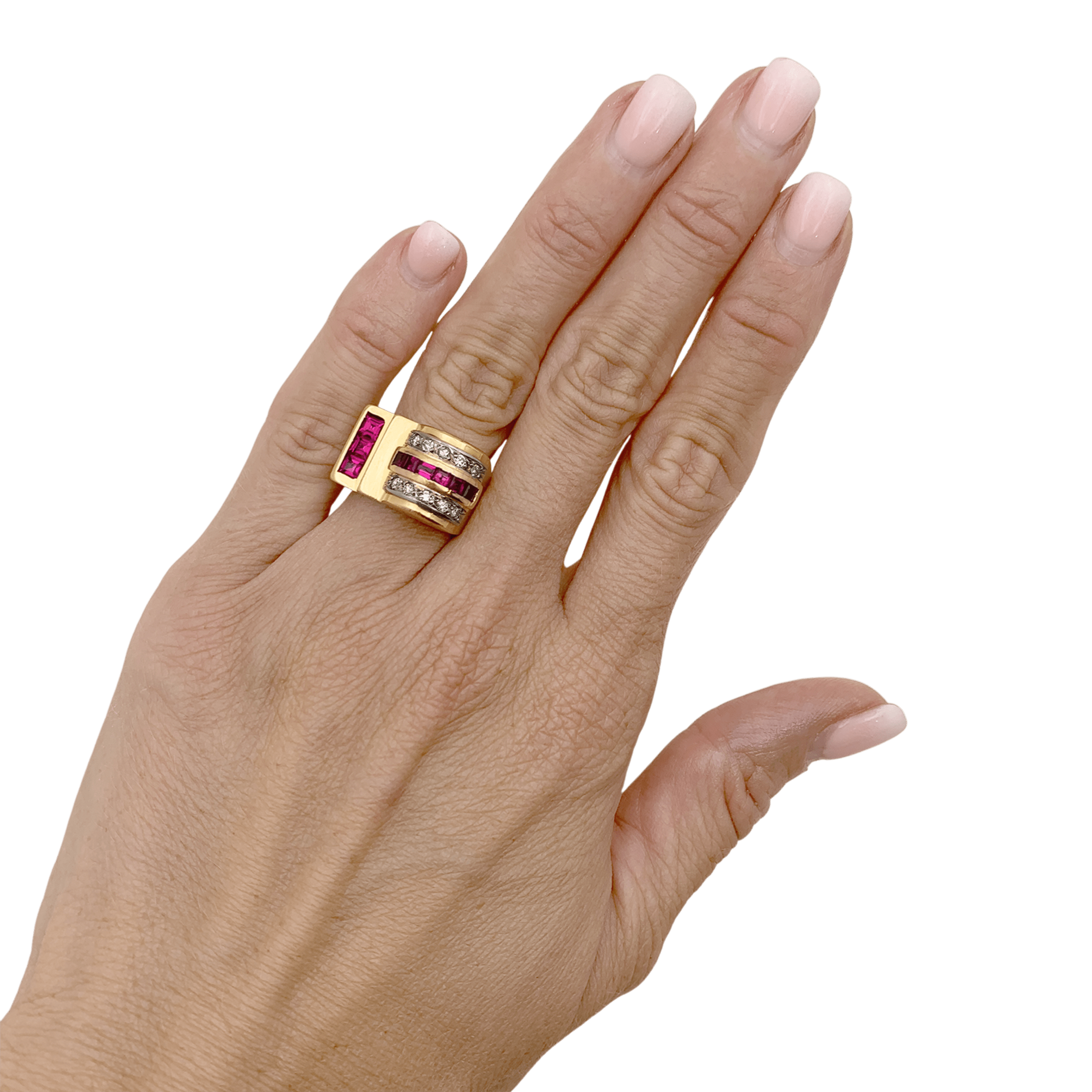 Bague "Tank" en or jaune, rubis synthétiques et diamants.
