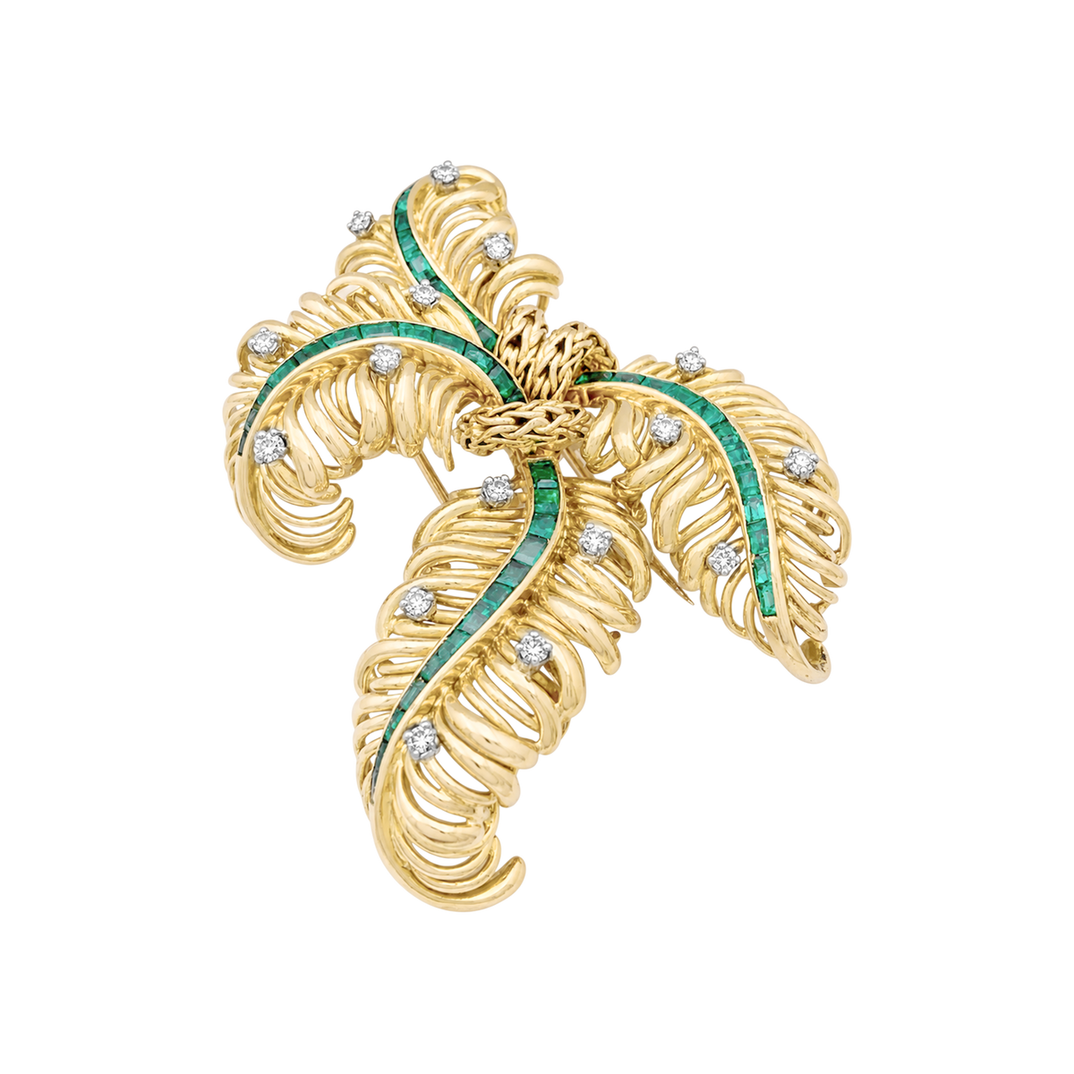 Broche Chaumet "Panache", or jaune, diamants, émeraudes.