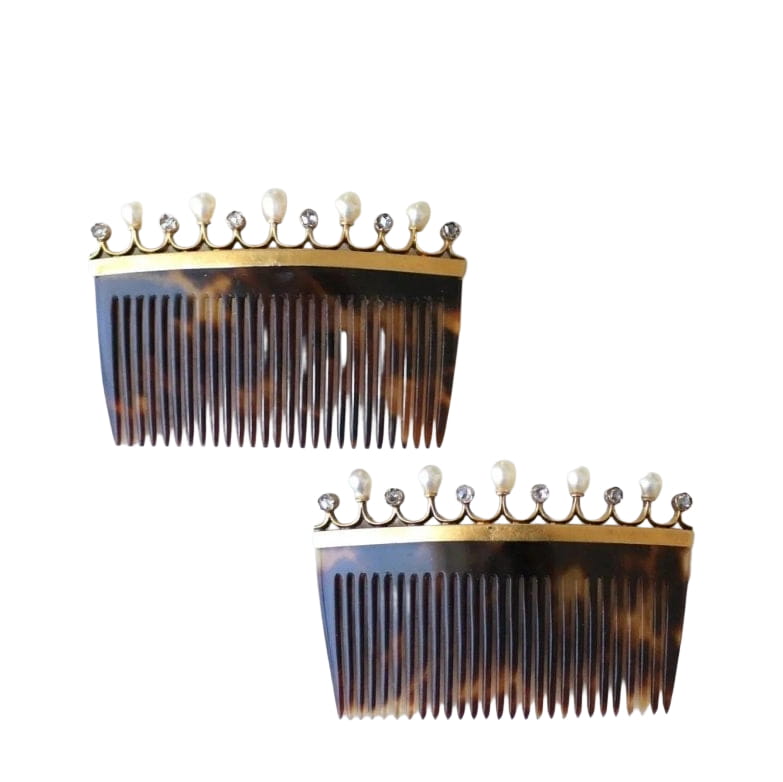 Paire de Peignes Diamants et Perles Fines sur Or - Castafiore