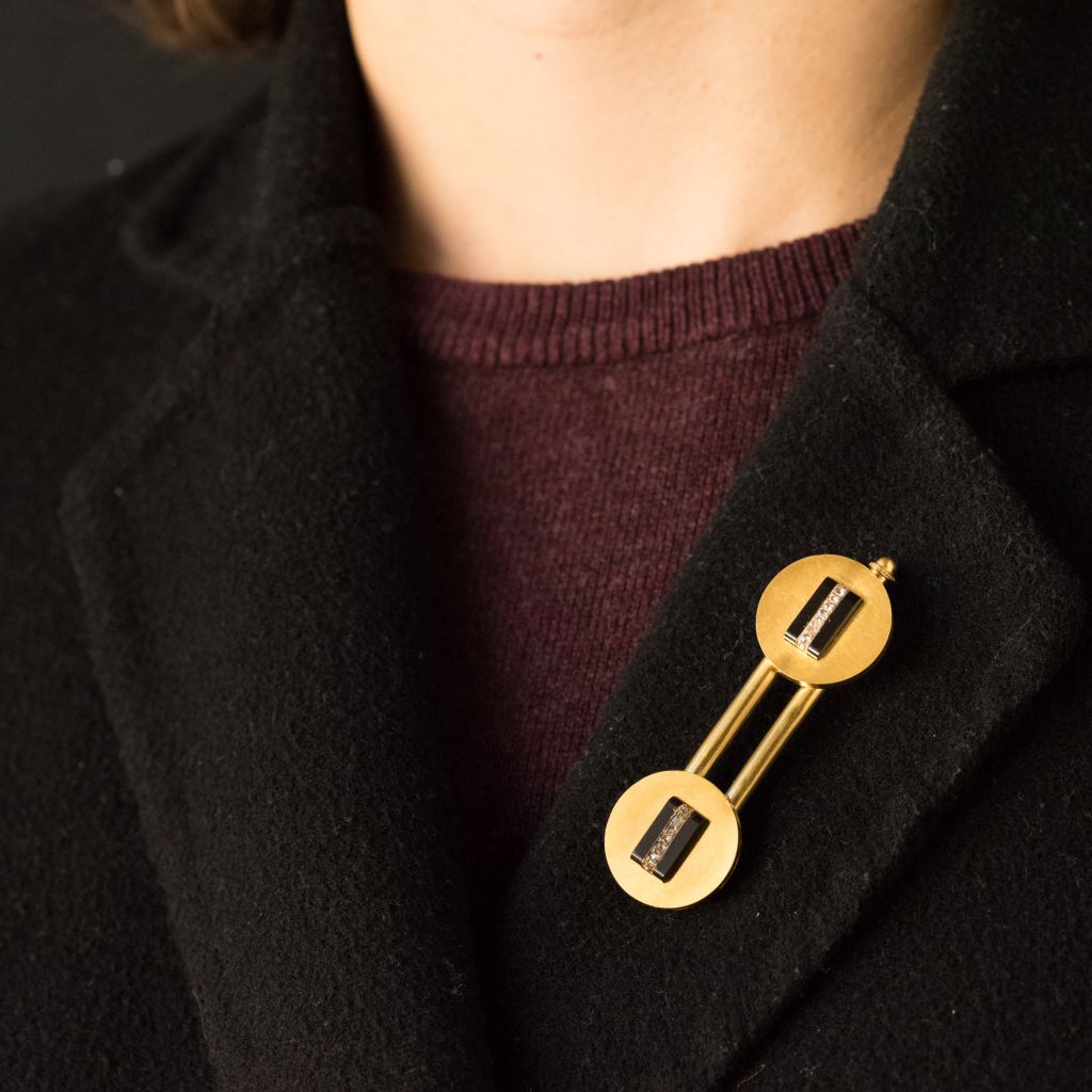 Parure ancienne boutons de gilet et broche onyx et diamants - Castafiore