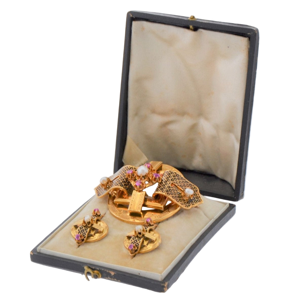 Parure ancienne Napoléon III Perles fines rubis émail noir - Castafiore