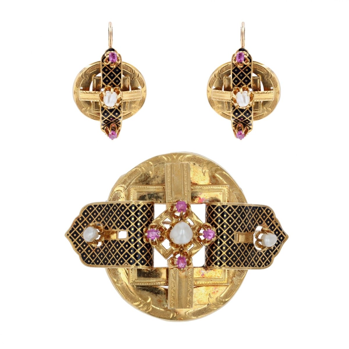 Parure ancienne Napoléon III Perles fines rubis émail noir - Castafiore