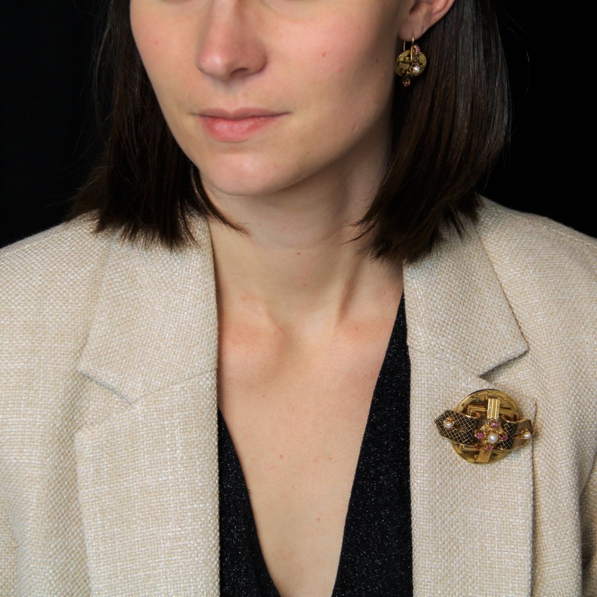 Parure ancienne Napoléon III Perles fines rubis émail noir - Castafiore