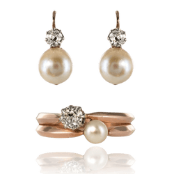 Parure Bague et Boucles d'oreilles en or rose, perles et diamants - Castafiore