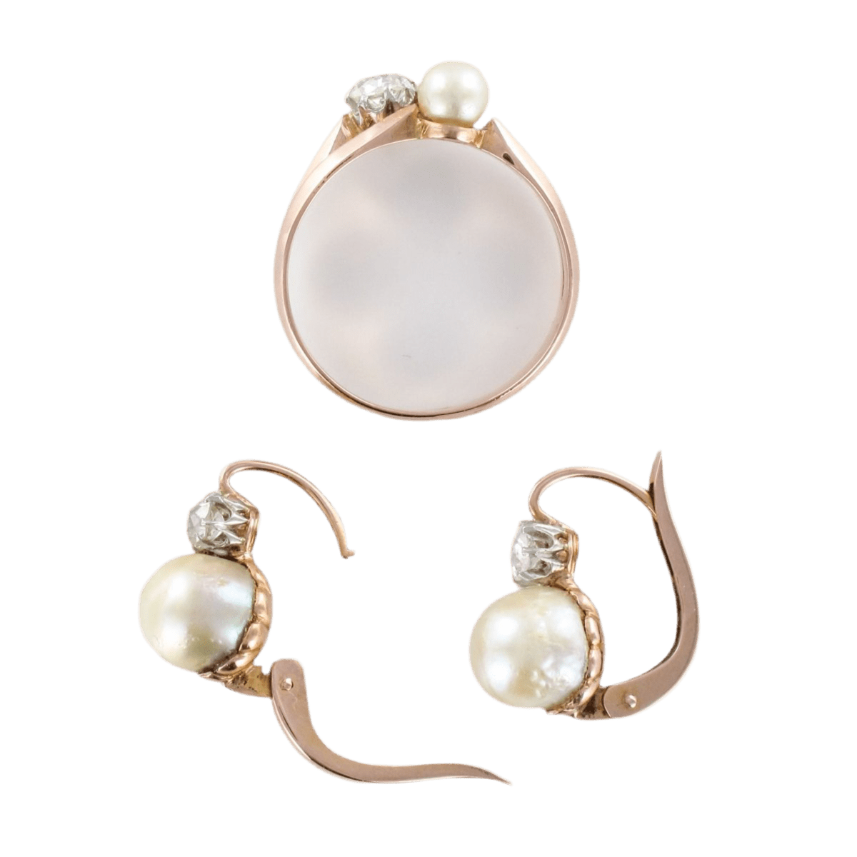 Parure Bague et Boucles d'oreilles en or rose, perles et diamants - Castafiore