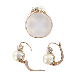 Parure Bague et Boucles d'oreilles en or rose, perles et diamants - Castafiore