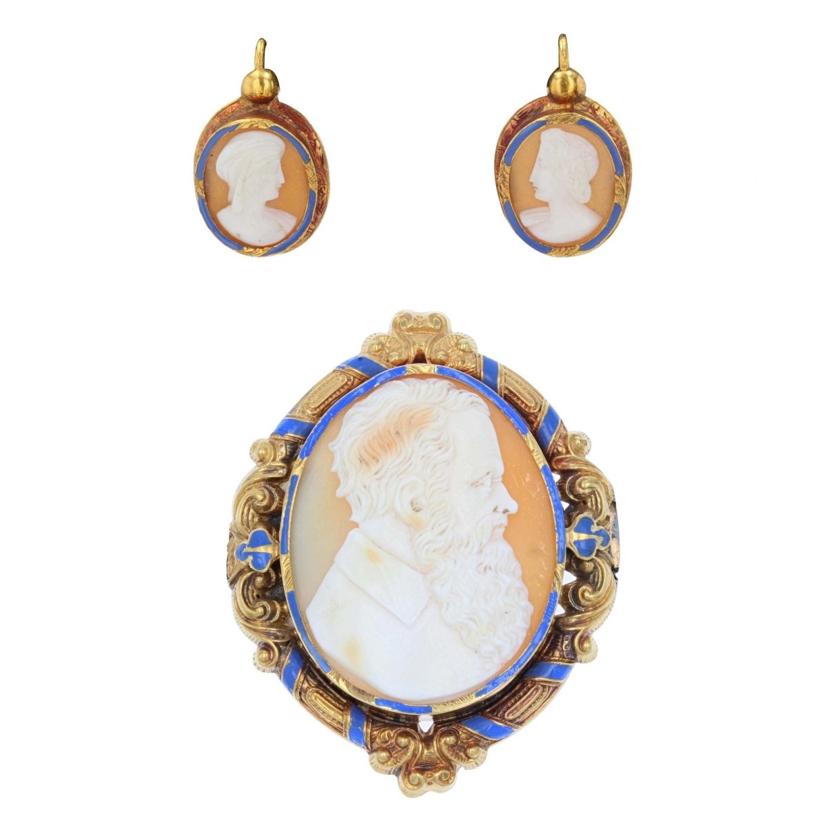 Parure Boucles d'oreilles et Broche ancienne or camée et émail - Castafiore