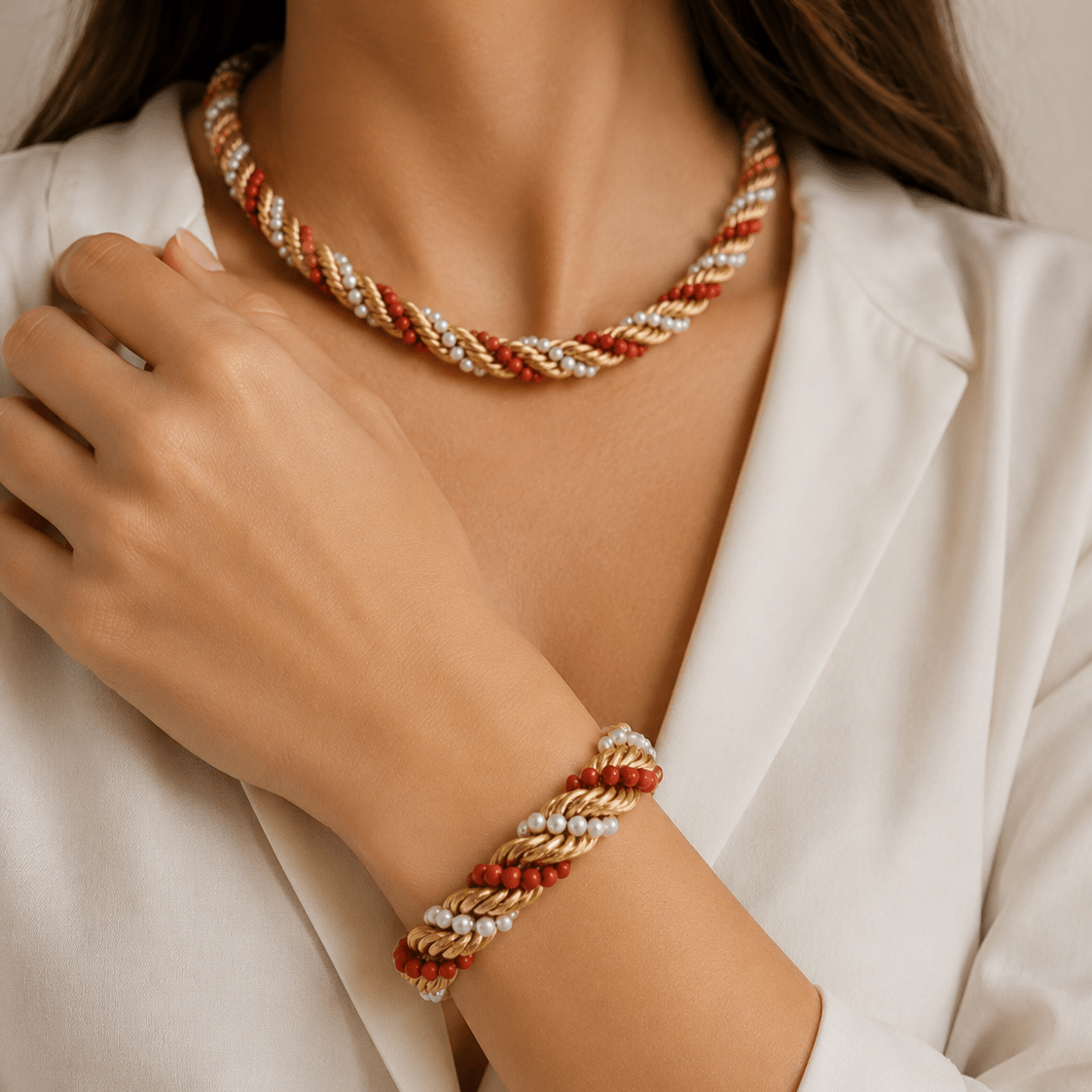 Parure en or jaune, corail et perles - Castafiore