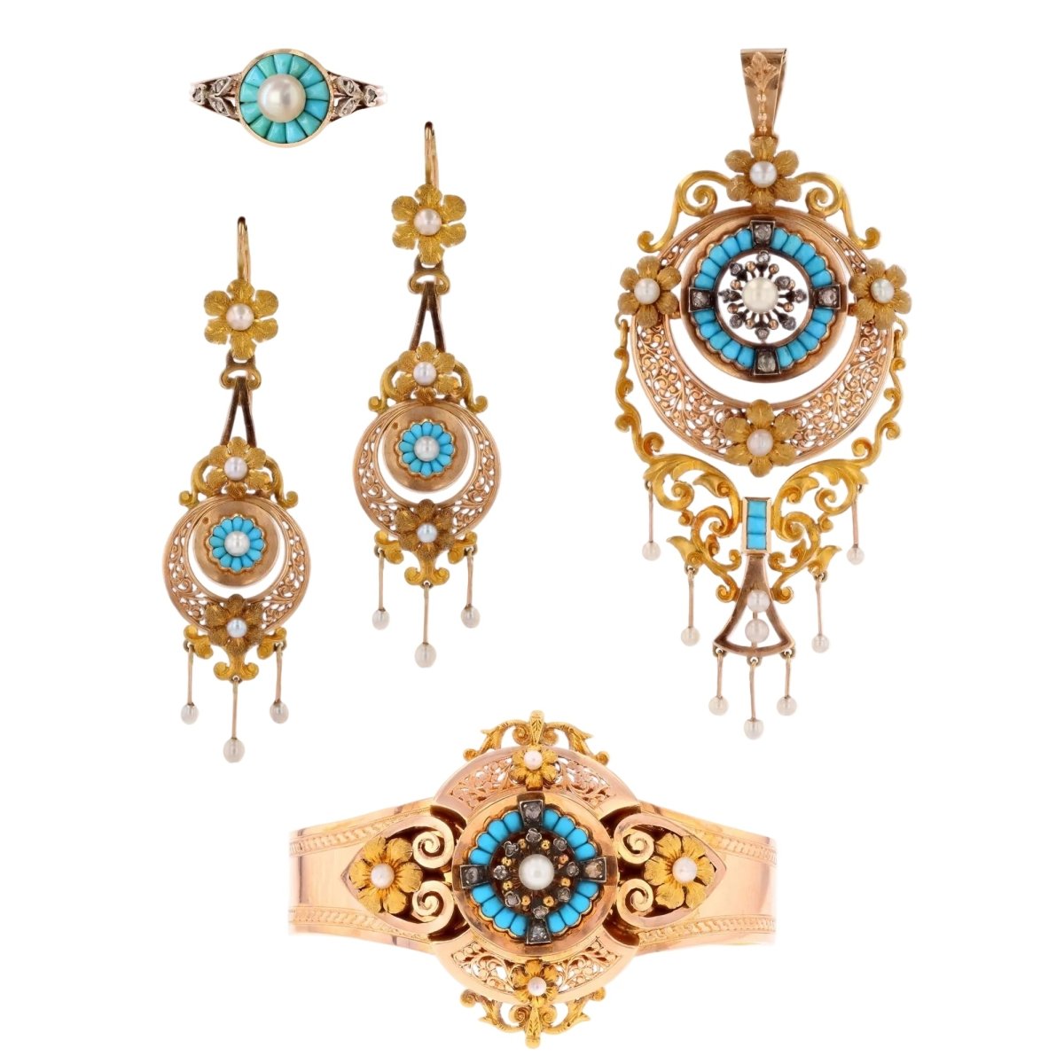 Parure en or rose, perles, turquoises et diamants - Castafiore