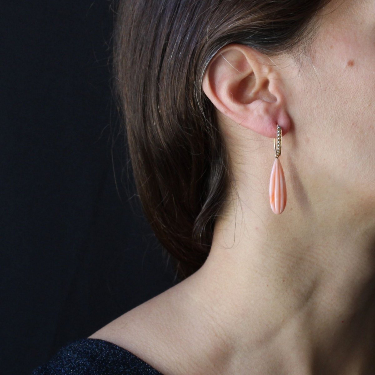 Pendants d'oreilles ANCIENS Corail peau d'ange en or rose - Castafiore
