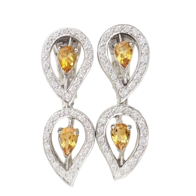Pendants d'oreilles en or blanc, citrines et diamants - Castafiore