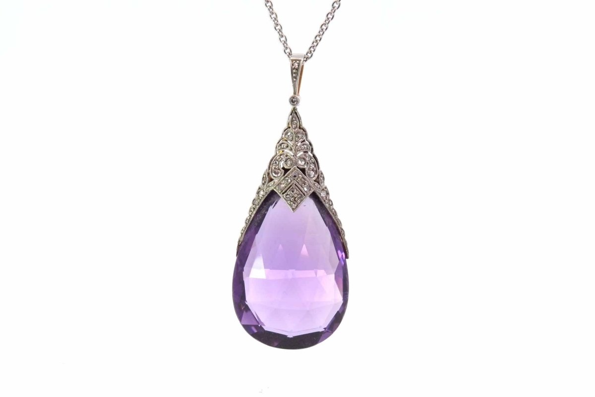 Pendentif ancien 1900 améthyste et diamants en or et platine - Castafiore