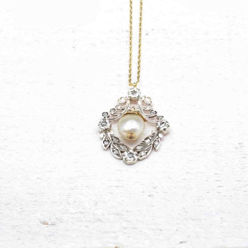Pendentif ancien 19e perle et roses de diamants - Castafiore