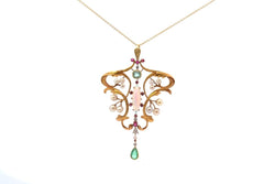Pendentif ancien art nouveau Opale, perles fines, émeraudes et rubis - Castafiore