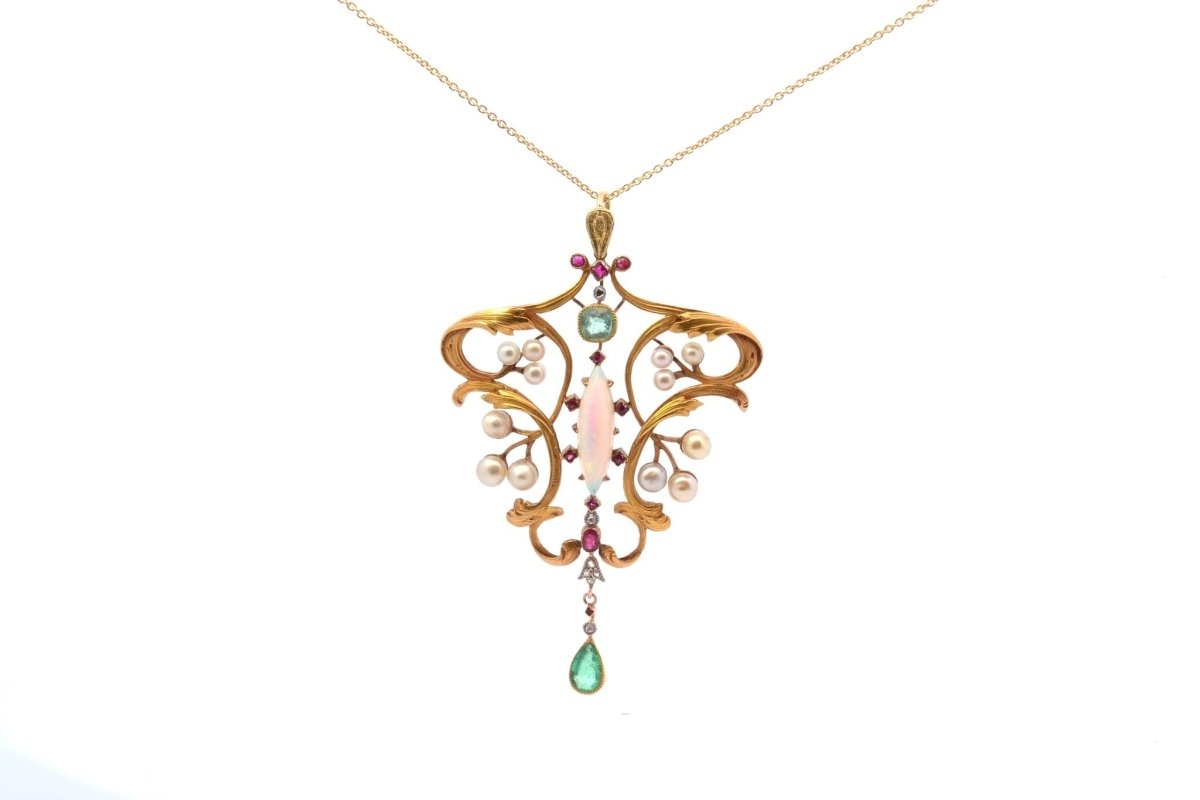 Pendentif ancien art nouveau Opale, perles fines, émeraudes et rubis - Castafiore