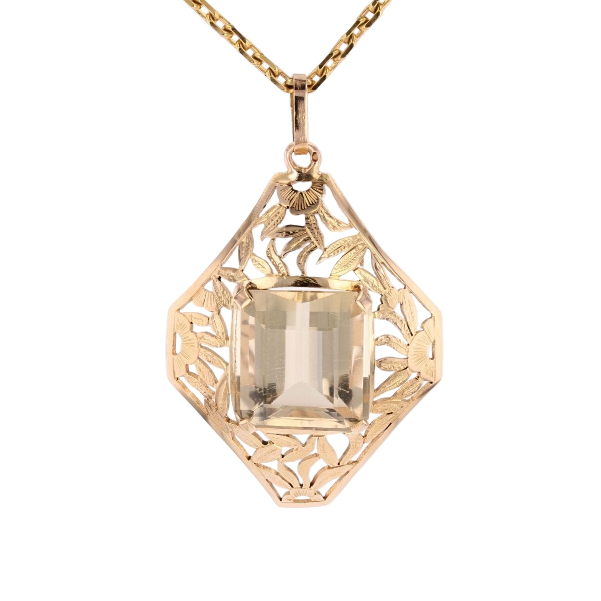Pendentif ANCIEN Décor floral en or rose et citrine - Castafiore