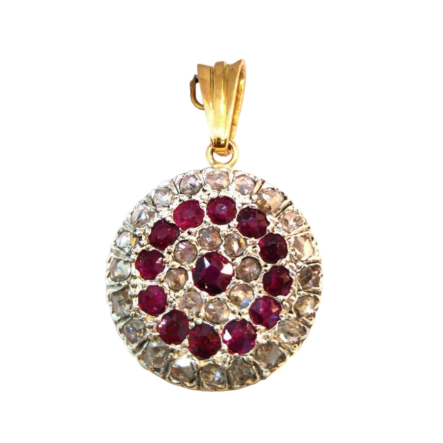 Pendentif Ancien en or jaune et argent avec rubis et diamants - Castafiore