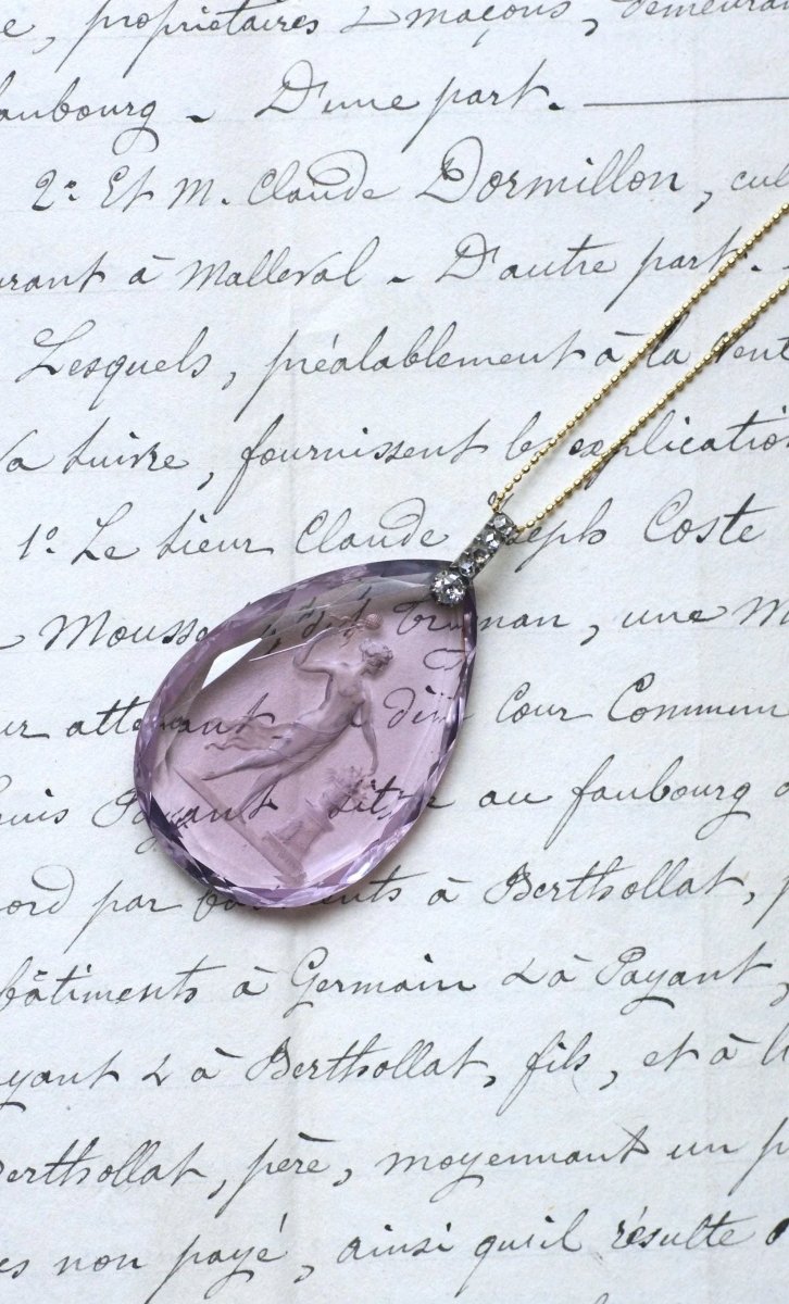 Pendentif Ancien Goutte Intaille Améthyste et Diamants - Castafiore