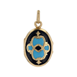 Pendentif ANCIEN Médaillon en or jaune émail noir et turquoise - Castafiore