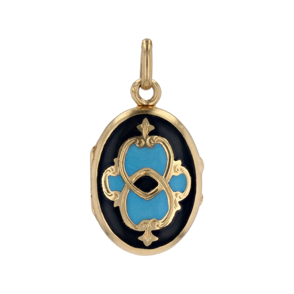 Pendentif ANCIEN Médaillon en or jaune émail noir et turquoise - Castafiore