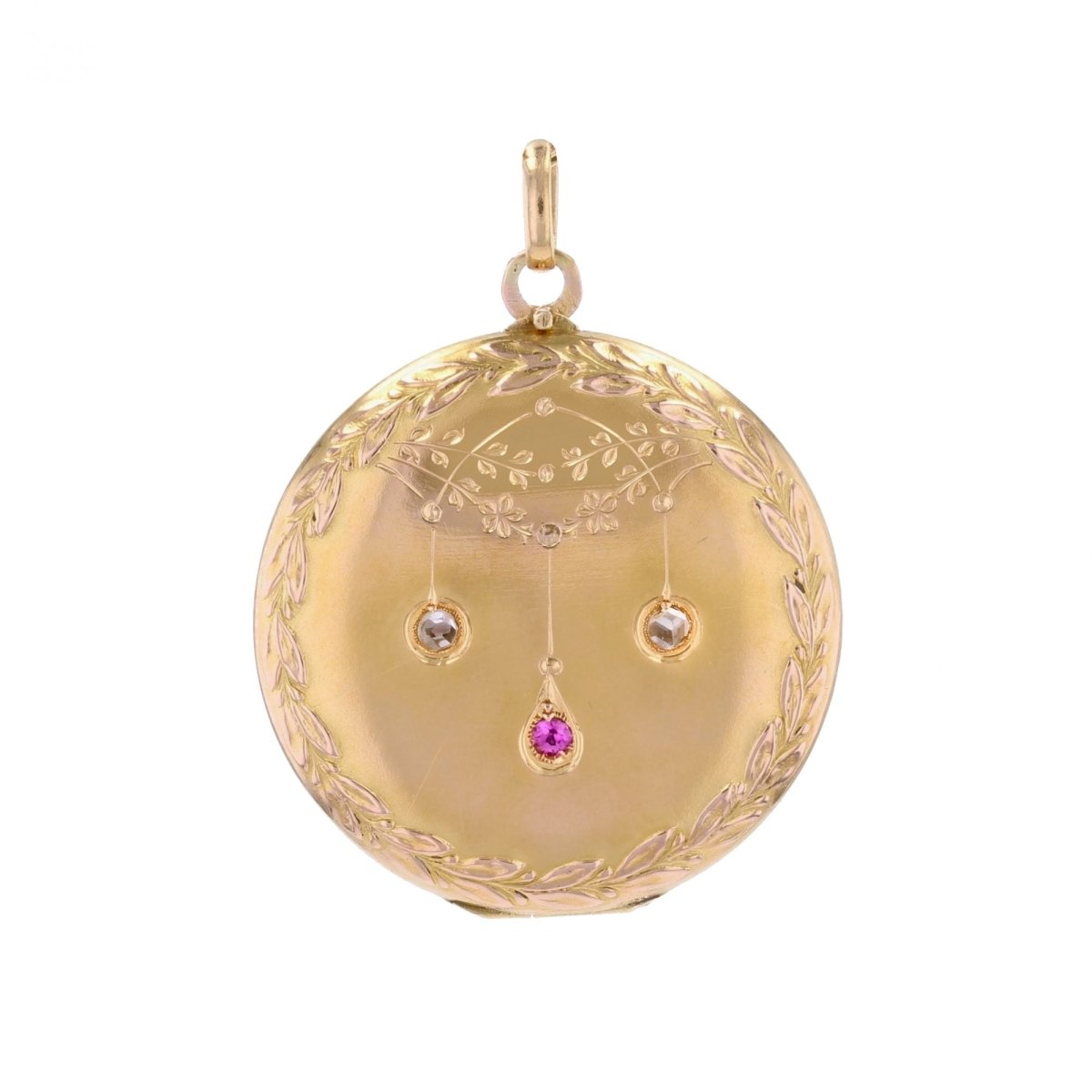 Pendentif ANCIEN Médaillon en or rose rubis et diamants - Castafiore