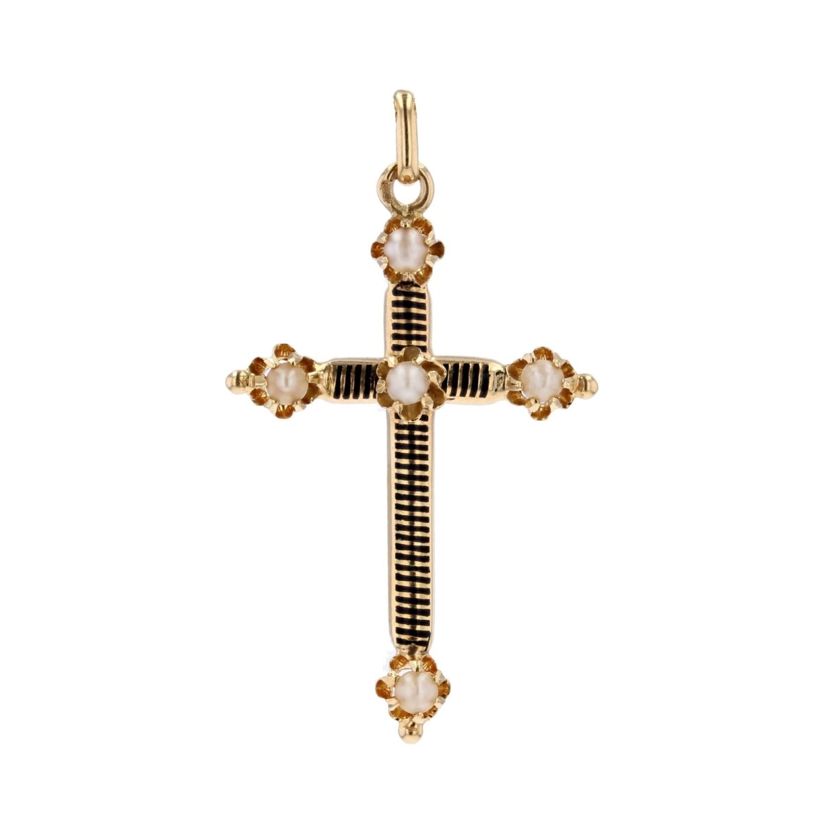 Pendentif ANCIENNE Croix émail en or jaune et perles - Castafiore
